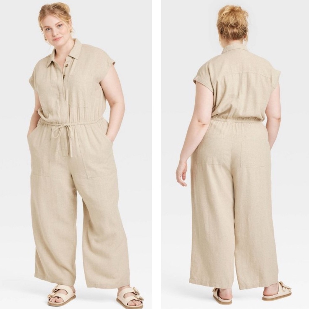 New Target Universal Thread Tan Short Sleeve Linen Jumpsuit Pantsuit